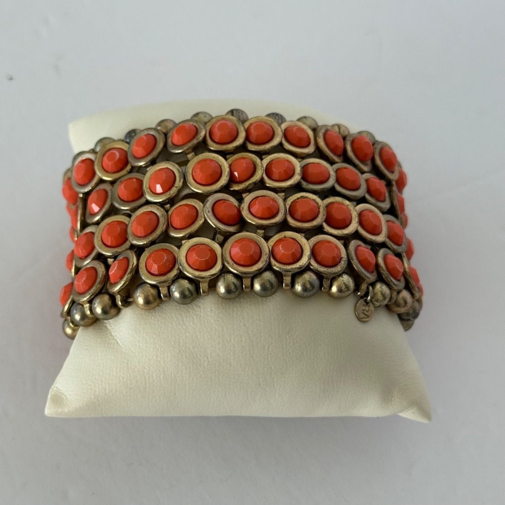 Vintage Stretch 2" Bracelet With Orange Beads & Gold-Tone Accents